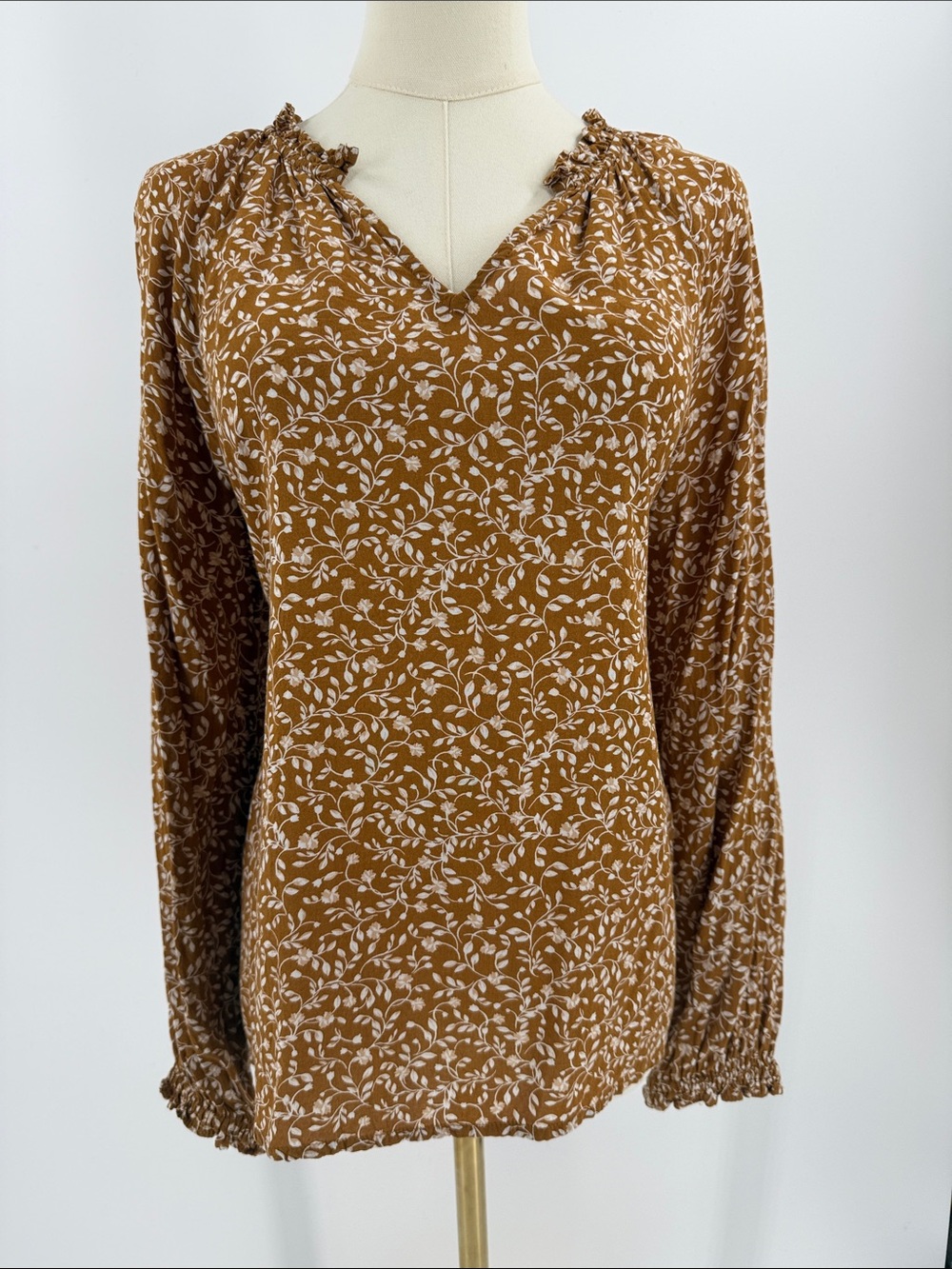 Boho Rust Floral Smocked Cuff Blouse
